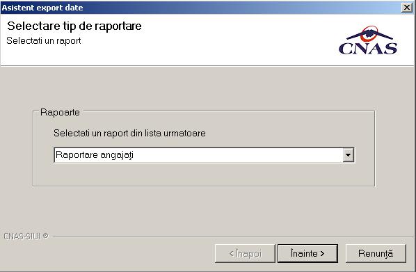 Figura 5.2.18-10 Selectarea tipului de export online/offline 5.1.18.45.2.18.4 Raportare angajati Utilizatorul selecteaza Tipul de raportare din lista, apoi apasa butonul Inainte.