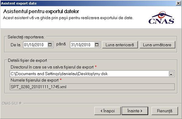 Sistemul deschide Asistentul pentru exportul datelor. Raportarea se efectueaza pentru perioada definita de utilizator.