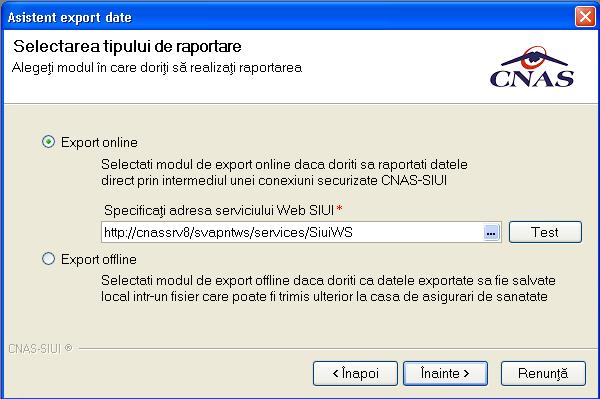 Figura 5.2.18-16 Selectarea tipului de export online/offline 5.1.195.2.19 Export certificate medicale.