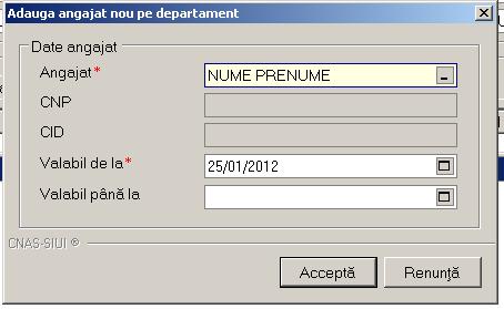 Figura 5.3.27-9 - Lista personal Utilizatorul apasa butonul Adauga, iar Sistemul afiseaza fereastra de Asociere Angajati la Departament. Figura 5.3.27-10 Asociere angajat la departament 5.2.27.25.3.27.2 Modificarea datelor unui departament Pentru modificarea datelor unui departament, Utilizatorul selecteaza un departament din lista, apoi apasa butonul Modifica.