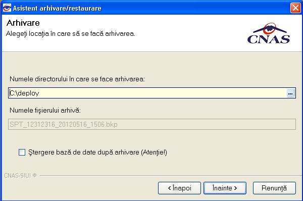 Utilizatorul are la dispozitie doua optiuni: arhivarea datelor sau restaurarea datelor. 5.2.34.25.3.34.2 Arhivare Aceasta optiune permite salvarea datelor din aplicatie intr-un fisier local. 1.