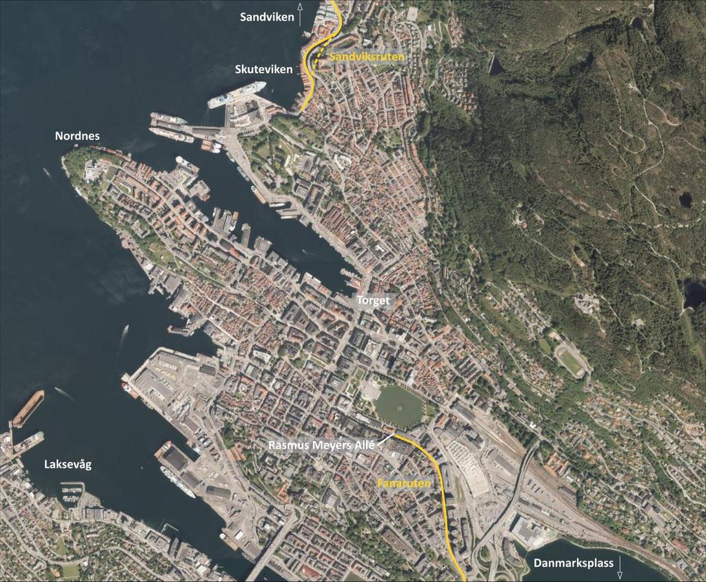 Dagens sykkeltilbud Hovedsykkelrutene Fanaruten og Sandviksruten ender i dag opp henholdsvis sør og nord i sentrumskjernen i Bergen. Det er ikke etablert et tilbud for syklister gjennom sentrum.