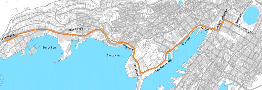 Beskrivelse Hovedrute for sykkel er foreslått i dagens gatetverrsnitt fra Kaigaten i sør til Åsaneveien i nord.