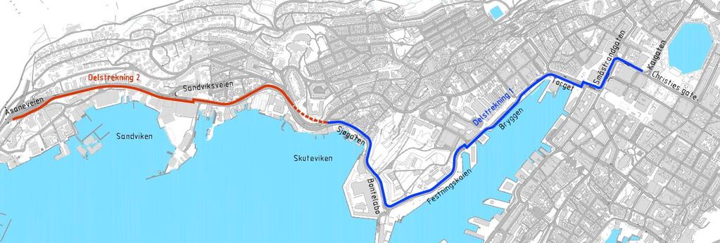 Sykkelanlegget ligger parallelt med kjørevegen på hele strekningen, og krysser fylkesvegen totalt tre ganger. Figur 24; Oversikt over sykkeltraséen mellom sentrum og Sandviken.