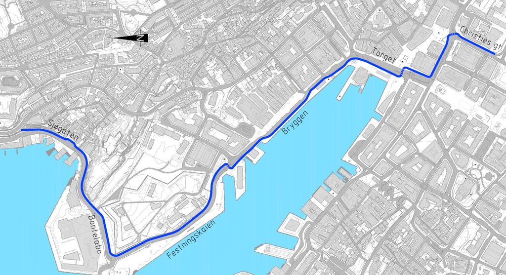 Del 1 Den første delstrekningen starter ved krysset mellom Kaigaten og Christies gate og følger kjørevegen i Christies gate og Småstrandgaten frem til Torget.