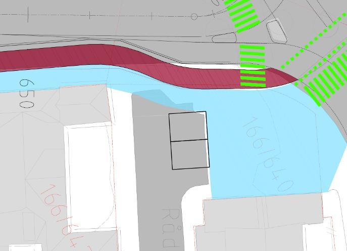 Figur 32; Oppstillingsplasser for buss er foreslått adskilt fra høyresvingefeltet. For å besvare spørsmålet er det tatt ut data fra trafikkmodellen Contram på forventet maksimal kølengde.