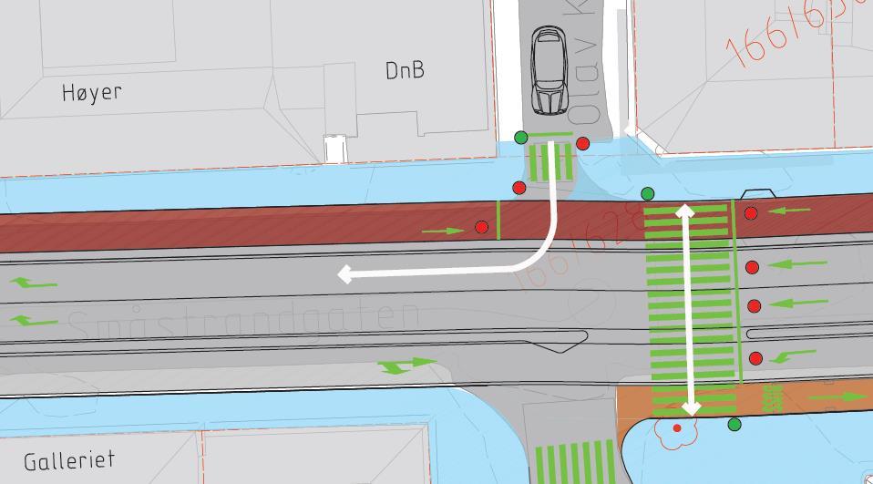 busstrafikk. Sykkelvegen krysser avkjørsel til nordre del av Olav Kyrres gate. I denne delen av Olav Kyrres gate er det 2 parkeringsplasser for forflytningshemmede samt varelevering.