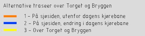 1 På sjøsiden, utenfor dagens kjørebane Det første alternativet krysser Torget like etter krysset til Strandkaien og går på sjøsiden helt ut til Sandbrogaten.