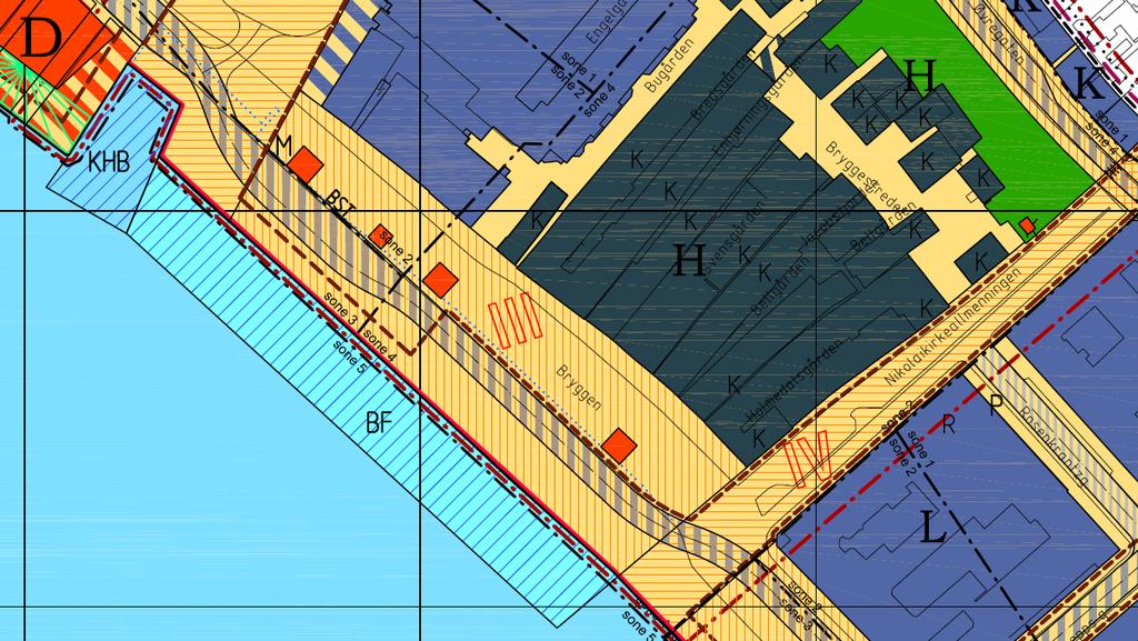 Figur 53; Utsnitt av reguleringsplan 16040000 for Vågen, kaiene og Bryggen.