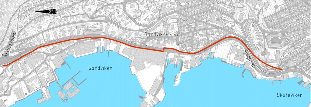 Del 2 Delstrekningen starter i Skuteviken hvor sykkeltilbudet går i tunnel under Rothaugen. Traséen ligger på østsiden av vegen ut til Sandvikstorget.