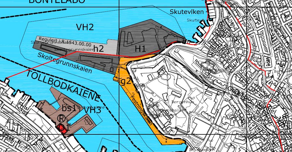 18740000 KDP Bergen Indre Havn Arealene på Festningskaien er regulert til gangarealer med byromsbruk.