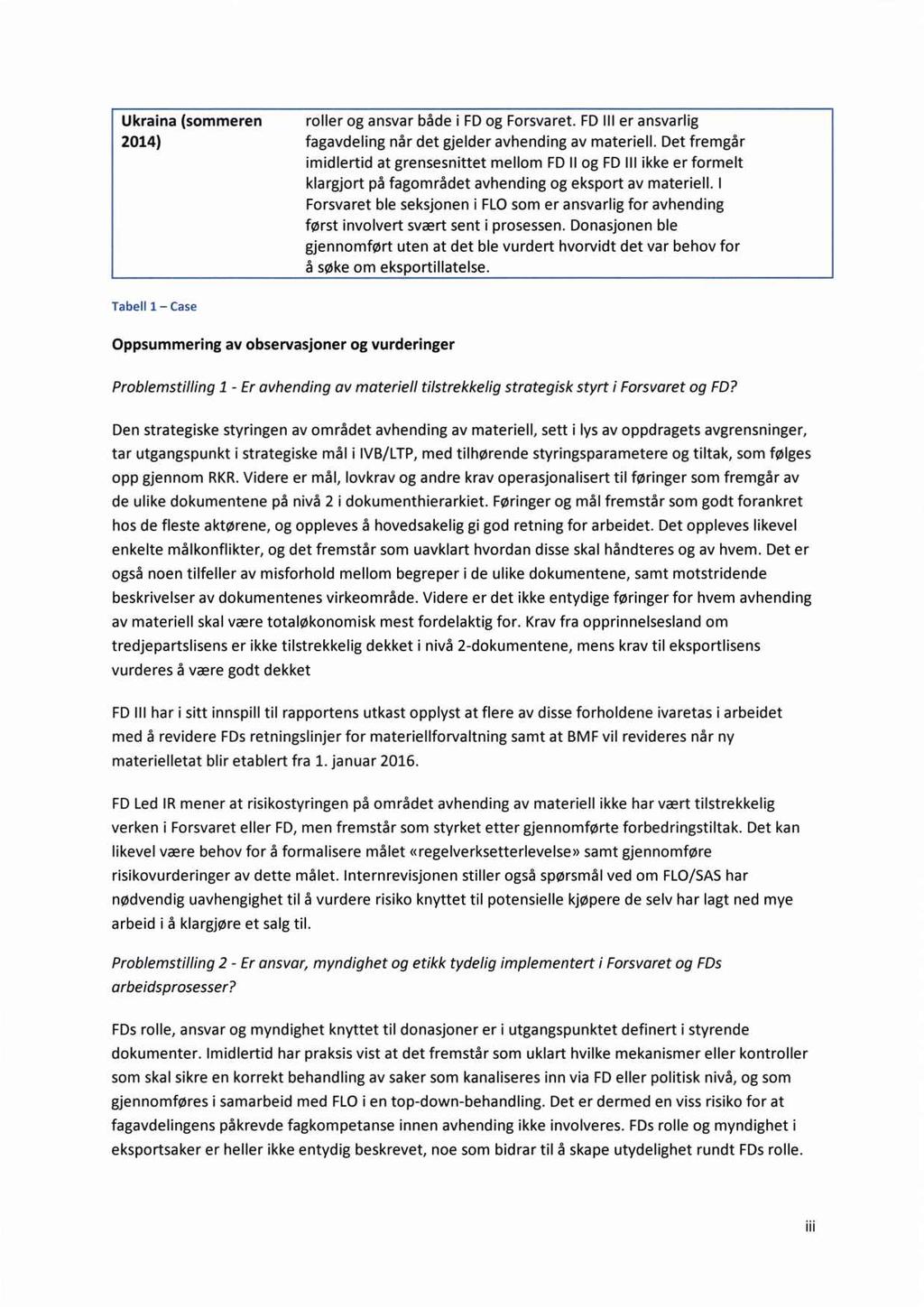 Ukraina (sommeren roller og ansvar både i FD og Forsvaret. FD III er ansvarlig 2014) fagavdeling når det gjelder avhending av materiell.