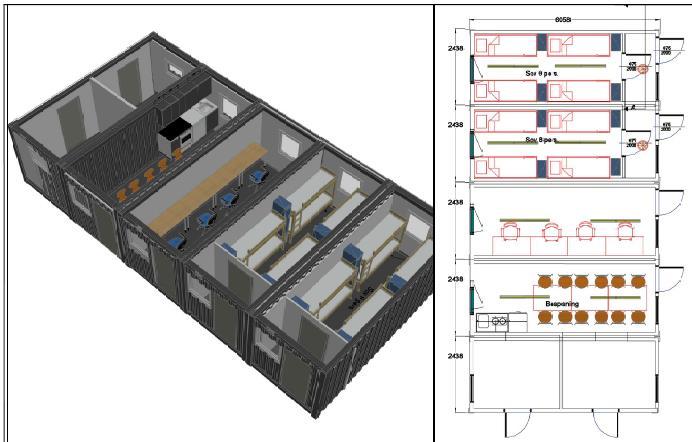 Figur 4. Tegning av forskningsstasjonen uten glasskuppel. Fra søknaden. Bemanning Høgskolen planlegger at to til fire doktorgradsstipendiater vil bo på forskningsstasjonen året rundt.