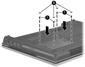 3. Sett inn igjen harddiskskruene (1) og sett på igjen de beskyttende skruehettene (2). 4. Sett batteriet tilbake på plass. 5.