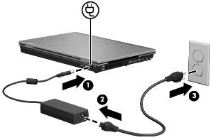 3. Koble den andre enden av strømledningen til en stikkontakt (3). Bruke batteristrøm Når du har et ladet batteri i datamaskinen og den ikke er koblet til strømnettet, går den på batteristrøm.