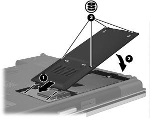 6. Skru fast skruene (3) i harddiskdekselet. 7. Sett batteriet tilbake på plass. 8.