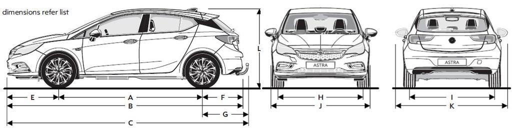 Tekniske spesifikasjoner, Dimensjoner (i mm) Akselavstand A 2 662 Lengde B 4 370 Lengde med tilhengerfeste C 4 474 Overheng foran E 960 Overheng bak F 748 Overheng bak med tilhengerfeste G 852