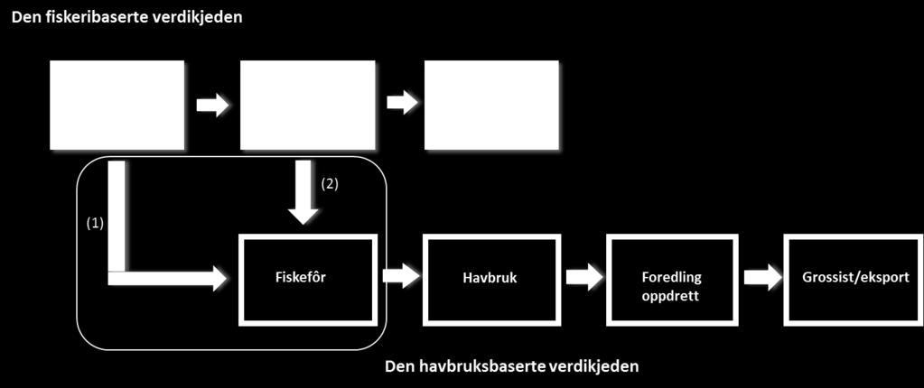 fiskefôr. For å få beregne leveransene mellom verdikjedene, så har vi derfor utvidet den havbruksbaserte verdikjeden med fiskefôr som eget ledd i verdikjeden (figur 2).