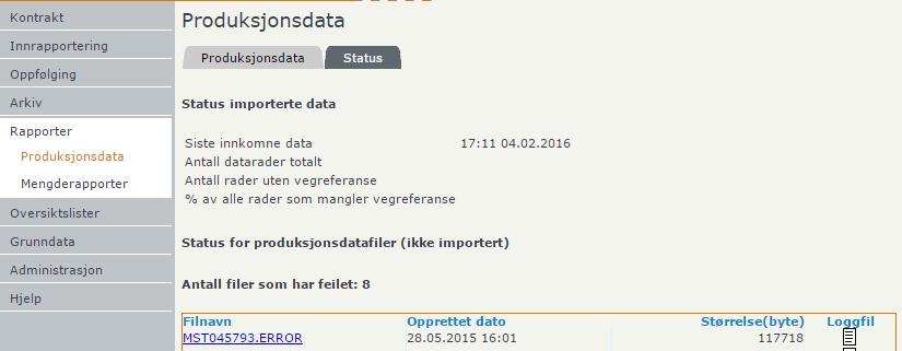 5.8.1 Statusskjermbilde Under menypunktet «Rapporter/Produksjonsdata» og fanen «Status» kan man se hvilke filer som IKKE har blitt importert. Filene som ikke blir importert blir døpt om til *.ERROR.