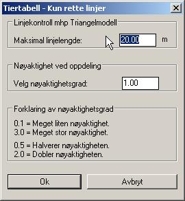 Tast inn for eksempel 20 meter og trykk på OK knappen. Trykk så på 3D-tegn ut og trykk på entertasten eller høyre musetast. Pek på 3D linjen og se at den har fått tett med gripspunkter. 3. Neste skritt er å gi denne linjen terrenghøyder i alle gripspunkter.