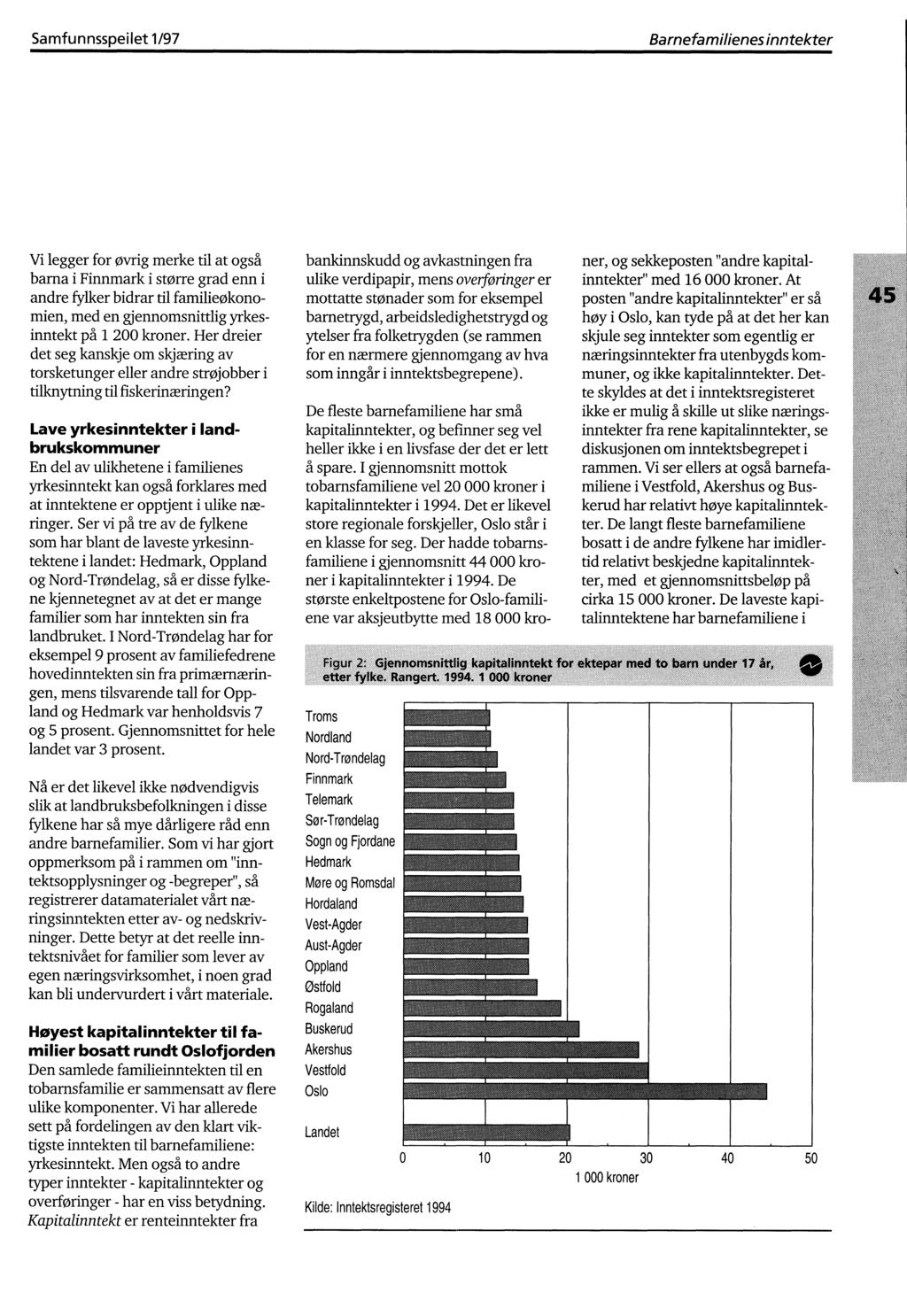 Samfunnsspeilet 1/97Barnefamilienes inntekter Vi legger for øvrig merke til at også barna i i større grad enn i andre fylker bidrar til familieøkonomien, med en gjennomsnittlig yrkesinntekt på 1 200