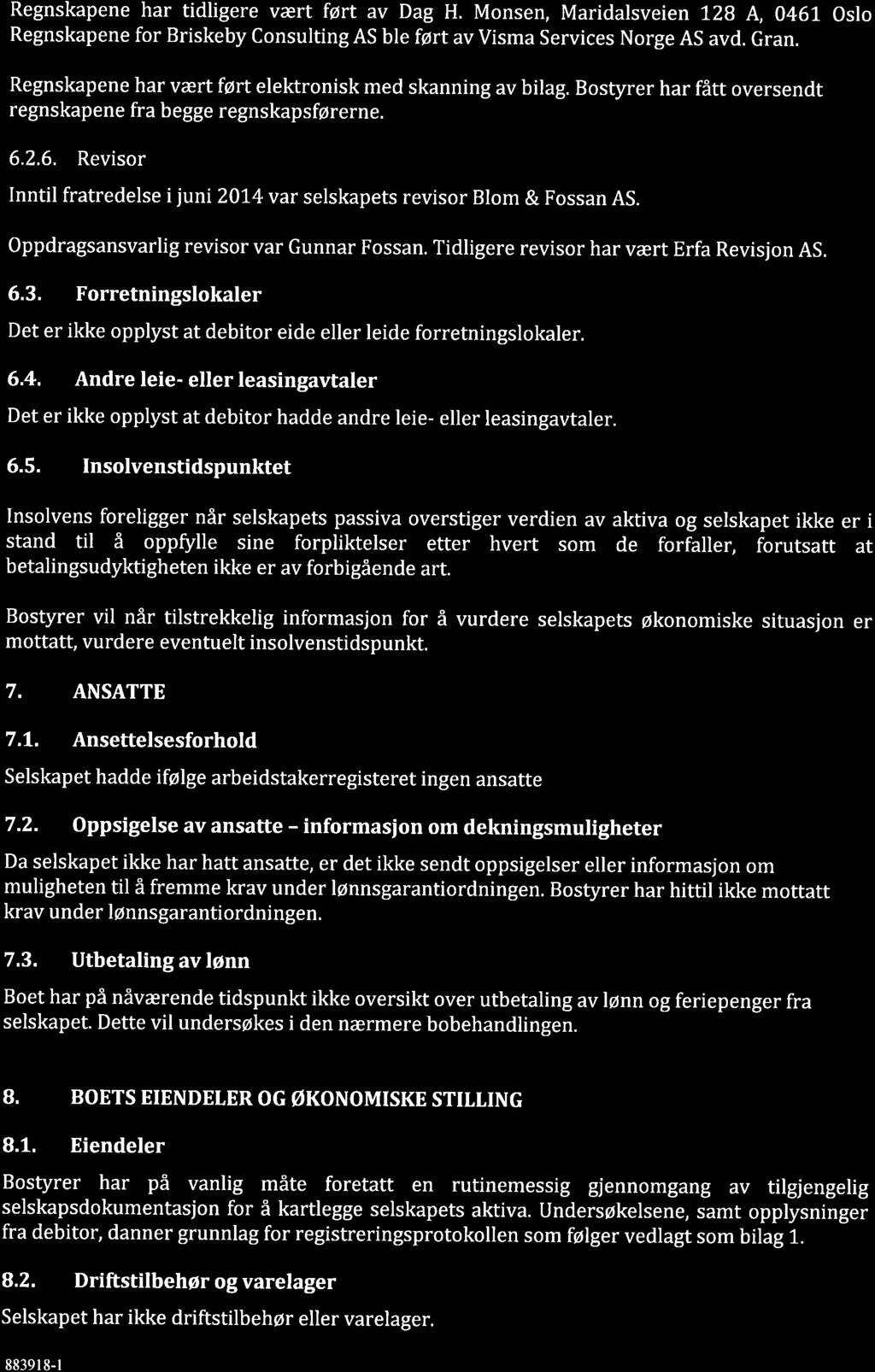 Regnskapene har tidligere væft føft av Dag H. Monsen, Maridalsveien 128 A, 0461 Oslo Regnskapene for Briskeby Consulting AS ble ført av Visma Services Norge AS avd. Gran.