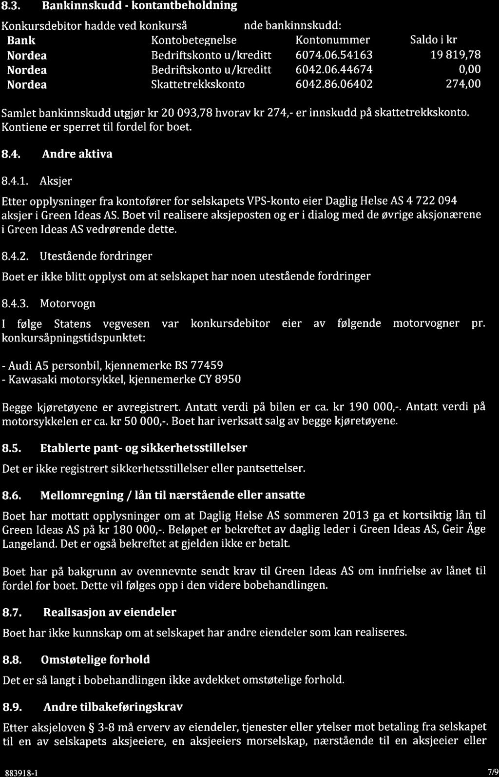 CRETTE 8.3. Bankinnskudd-kontantbeholdning Konkursdebitor hadde ved konkurså nde bankinnskudd: Bank Kontobetegnelse Kontonummer Saldo ikr Nordea Bedriftskonto u/kreditt 6074.06.