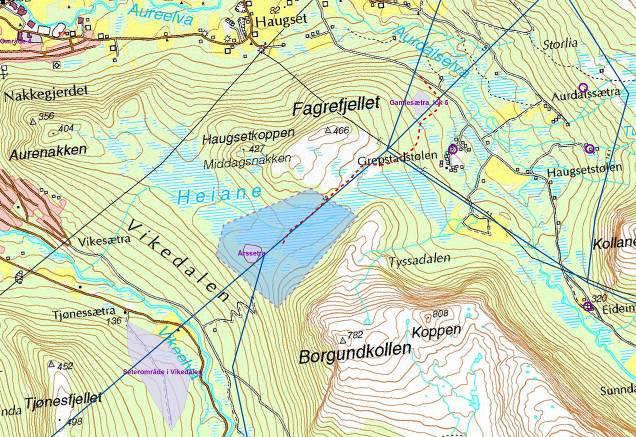KU 420 kv-ledning Ørskog Fardal, Tilleggsutredning III 6 Registrerte kulturmiljøer i forbindelse med utredninger gjort i 2006, 2008 og 2010: Kart over tiltaksområde (blå) og anleggsvei fra Aurdalen
