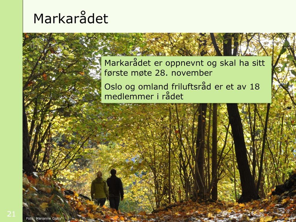 Markarådet er besluttet opprettet og departementet tar sikte på å oppnevne rådets medlemmer nå i november. Rådet skal etter planen ha sitt første møte 28. november. Oslo og omegn friluftsråd er et av 18 medlemmer i rådet.