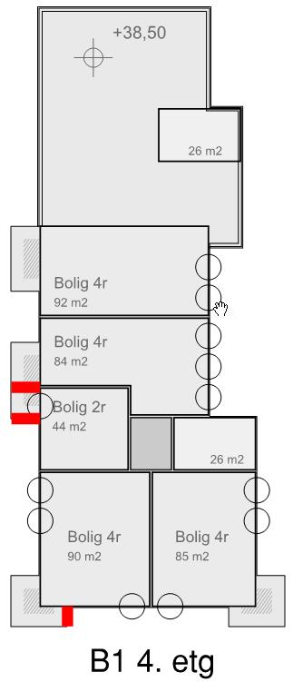 L den 69 db Innhuk mot Haakon VIIs gate: Skjerm i fortsettelse av ytre fasade, absorbent på fasadevegg i innhuk, absorbent under svalgangsdekker i alle etasjer. Se Figur 10, Figur 11 og Figur 12.