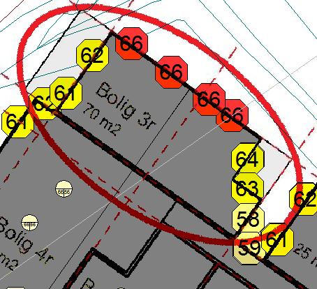 I Figur 13 er det vist detaljert beregning for boenhet på plan 3 i bygg 5 uten fasade mot gårdsrommet i sør.
