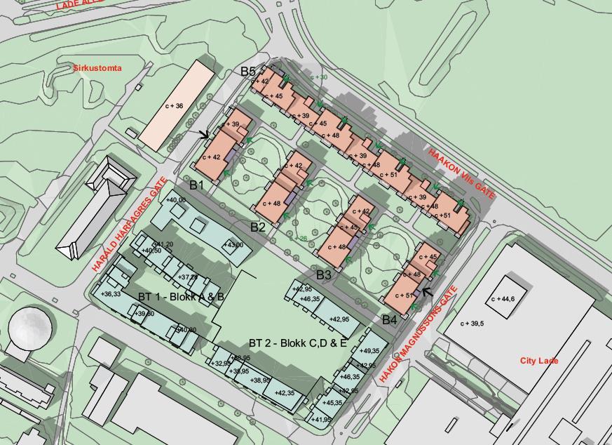 Figur 2 - Situasjonsplan med utbygging på hele Ladebyhagen. Ladebyhagen nord er markert med oransje farge. 3 Myndighetskrav 3.