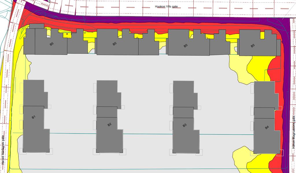 4.3 Støynivå på utendørs oppholdsareal Det er utført beregninger av utendørs støynivå på uteareal, se Figur 6. Gul, rød og lilla farge viser overskridelse av gjeldende grenseverdi.