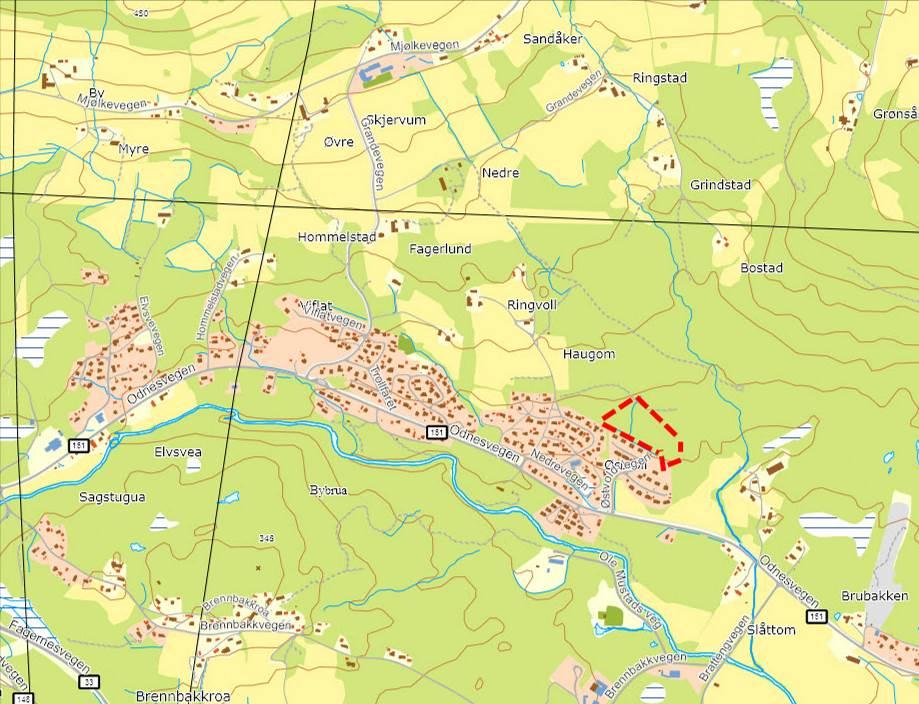 Figur 8: Landskapsrommet: Foto fra øverst i planområdet. Østvold trinn 1 i forgrunnen. Sett mot sørøst.