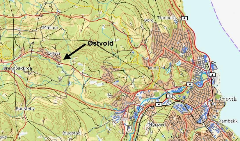 2. DAGENS SITUASJON 2.1 Beliggenhet Figur 1: Oversiktskart (Gjøvik kommune) Østvold ligger i direkte tilknytning til fylkesveg 151 Odnesvegen, 3,5 km fra Hunndalen og 6 km fra Gjøvik sentrum.