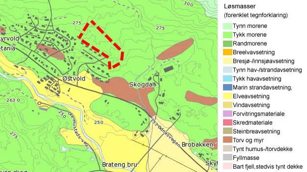 Figur 7: Løsmassekart (NGU.no) Spesielle miljøforhold, støy og luftforurensning Det er ingen kjente problemer knyttet til luftforurensning, støv, eller lukt i området.