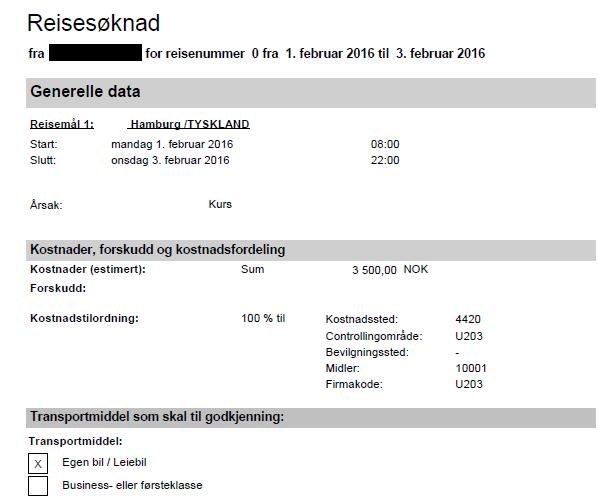 Du vil da se den samme PDF-versjonen av reisesøknaden som den ansatte. Lukk vinduet etter gjennomgang av søknaden.