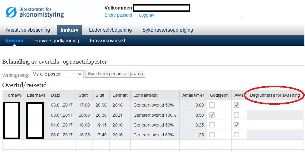 Skjermbildet Behandling av overtids- og reisetidsposter åpnes som vist nedenfor. Bildet viser i utgangspunktet alle poster og detaljer for alle «dine» ansatte.