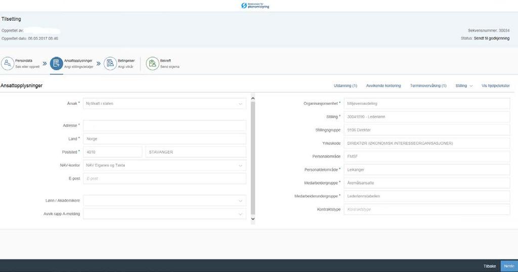 Første steg inneholder persondata. Dersom det gjelder gjeninntredelse vil også feltet med ansattnummer være fylt ut.