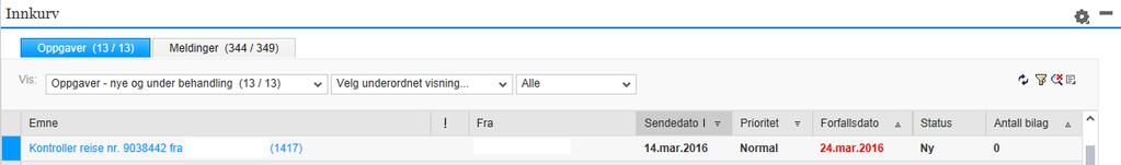 Klikk på linken UKontroller reise eller Kontroller utgiftsrefusjon nr. fra i kolonnen Emne, eller klikk på knappen Vis formular i nedre del av vinduet for å få opp reiseregningsslippen.