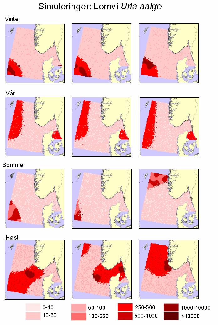 Simulering av utbredelsesscenarier Basert på de romlige analysene (Tabell 2) og GAM modellering ble det generert 1 utbredelsesscenarier for hver enkelt art og sesong.