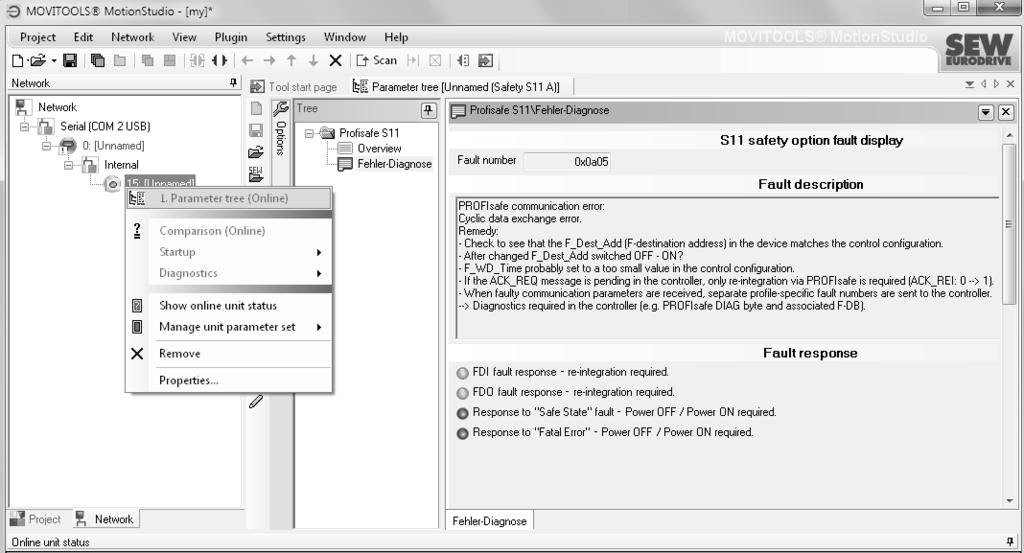 9 Service Feilstatuser for PROFIsafe-opsjon S11 Feildiagnose med MOVITOOLS MotionStudio Hvis PROFIsafe-opsjon S11 gjenkjenner en feil, kan du lese av feilmeldingsnummer, feilmeldingsbeskrivelse og