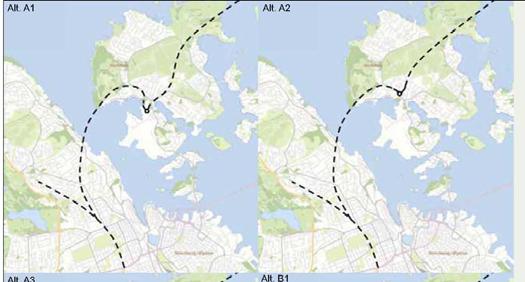 5 Figur 1 Alternativer for tunneltraseer og krysstilknytning på Hundvåg (Ill: ØSTENGEN & BERGO COWI AS L2ARKITEKTER AS) 1.