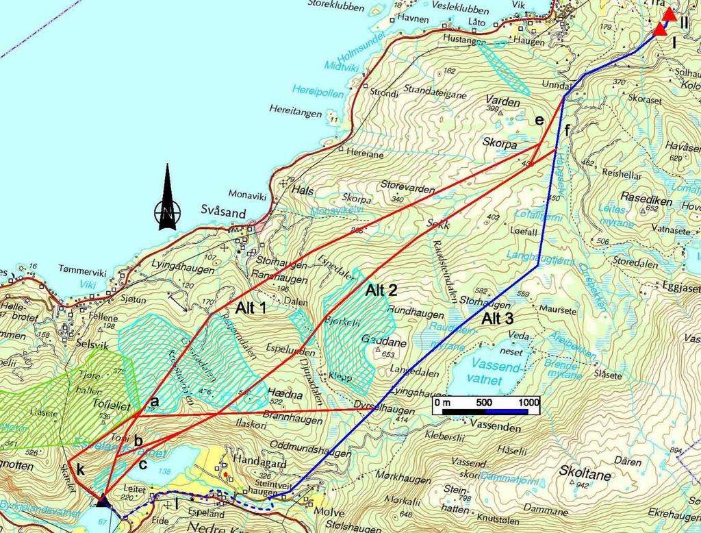 3.2 Beskrivelse av trase for ny 132 kv forbindelse etter alternativ 3-l-f De vurderte traseene for ny 132 kv forbindelse mellom Eidesfossen og Herand etter trasealternativ 3-l-f er vist på