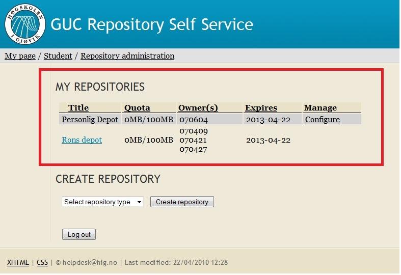 4. Implementering 4.5.3 My repositories Fig. 4-3 Liste mine repositoies Fig. 4-4 Ingen repositorier Når brukeren har logget inn vil de repositorier som denne personen er medlem av.