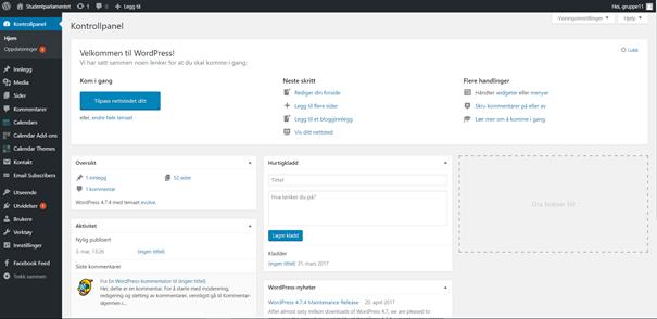 Kontrollpanelet - forside Figur 65. WordPress kontrollpanel Figur 65 viser forsidebildet av kontrollpanelet i WordPress, og er den første siden man kommer til når man logger inn.