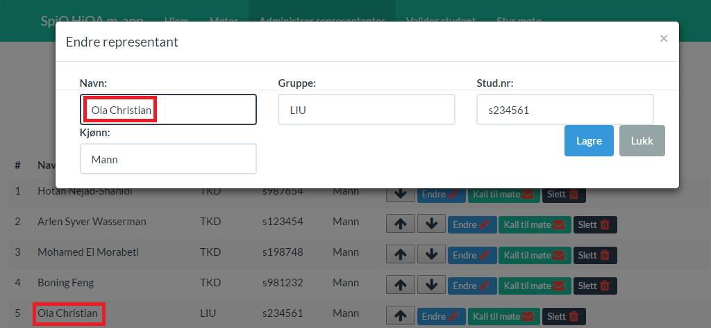 Nå kan representanten endres, du kan endre info på representanten og dette blir