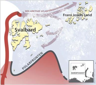 14 RAPPORT FRA OVERVÅKINGSGRUPPEN 2014 Figur 2.1.3: En varm dyp havstrøm kommer inn i Barentshavet fra nord. Strømmen er en gren av Den arktiske atlanterhavsstrømmen.