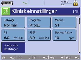 Oppsett-meny Oppsett-menyen: Kliniske innstillinger (Masketype) 1 Trykk på for å vise skjermbildet Kliniske innstillinger.