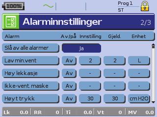 Merk: Når masketype er angitt som Trak. eller Helmaske, slås alarmen for Ikke-vent. maske automatisk på.